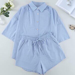 Blue Cotton Short Sleeve & Shorts Set